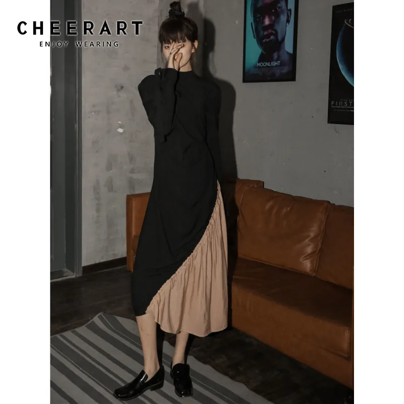 CHEERART Водолазка с длинным рукавом дизайнерское платье женское черное лоскутное асимметричное зимнее повседневное длинное платье одежда
