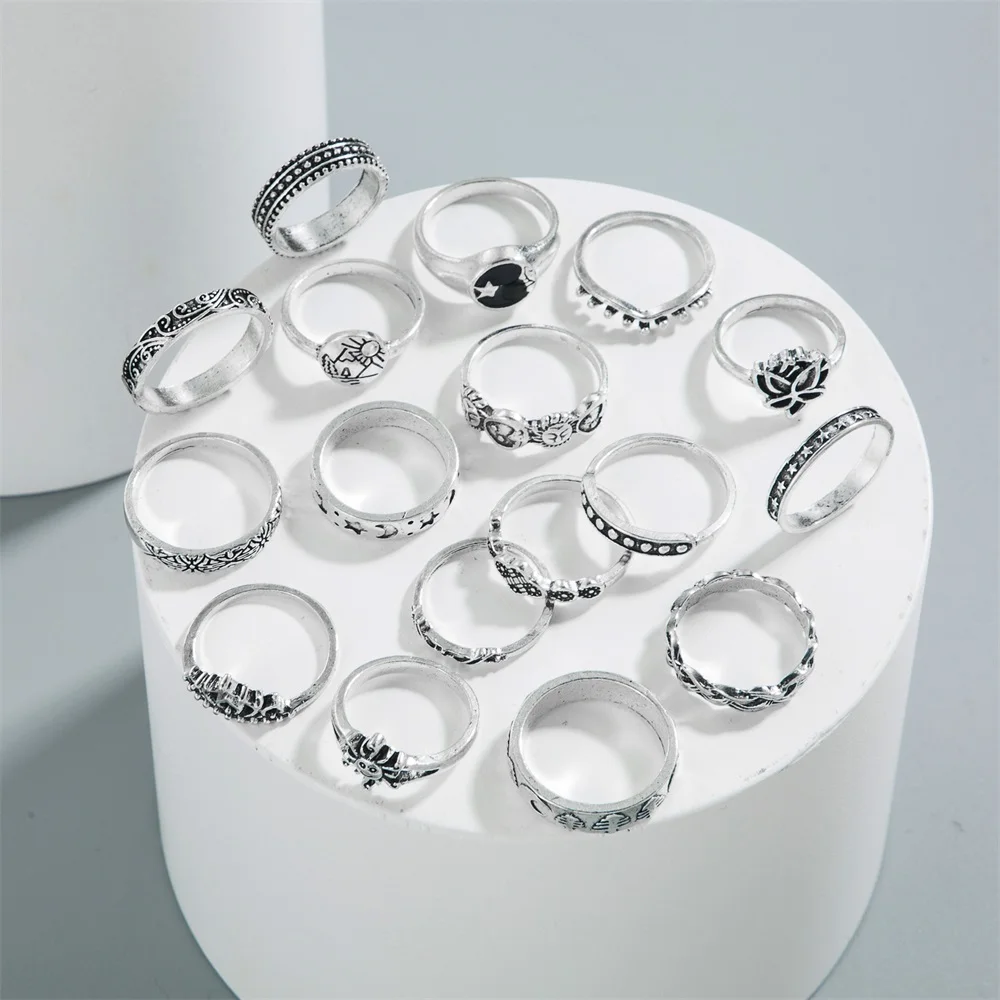 17 шт. Винтажные черные кольца-цепочки с драгоценными камнями в стиле панк набор