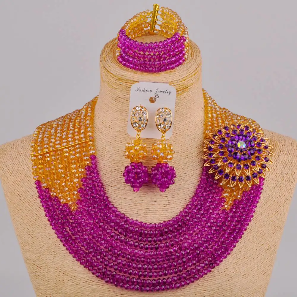

В моде фиолетовый цвет шампанского золото AB Африканское ожерелье нигерийский Свадебный комплект костюм комплект ювелирных изделий DSJ-09