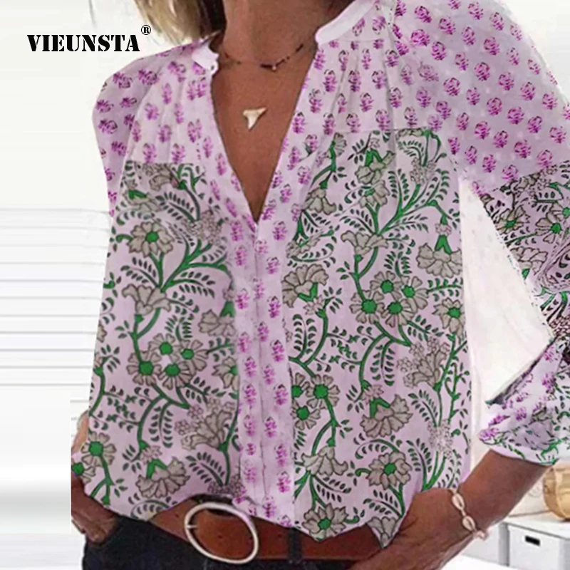 

New Women Vintage Printed Button Casual Shirt Tops Summer V-neck Long-sleeve Ladies Shirt Tops Elastic Ruffle-sleeve Sweet Tops