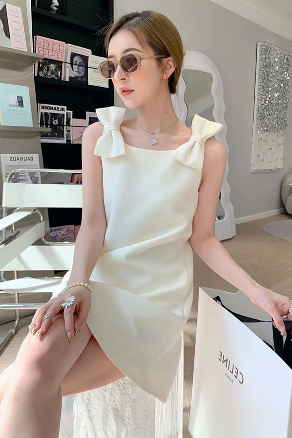 

Gentle off White Bowknot Short Suspender Dress Women Summer Fairy Princess Dresses Vestido De Mujer 2021 Women Fashion Clothing