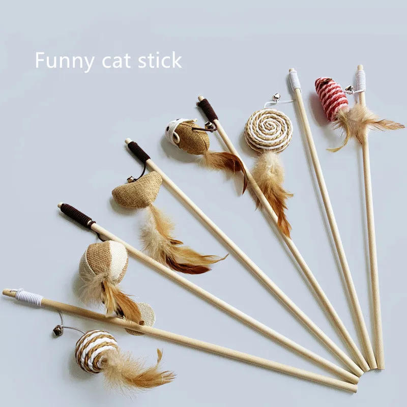 

1PCS New Funny Cat Stick Toy Wooden Handmade Linen Knitted Stick Feather Bell Pet Toy Interactive Accessories Cat Product