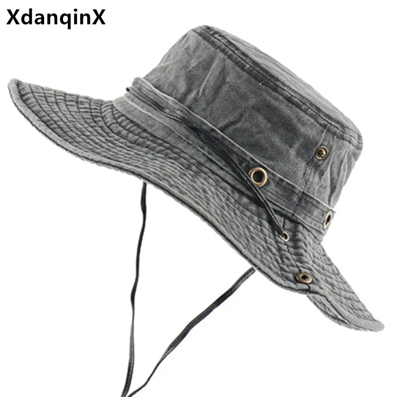XdanqinX Summer Men's Panama Washed Cotton Bucket Hat Wind Rope Fixed Jungle Camouflage Hats Travel Casual Beach Hat Fishing Cap