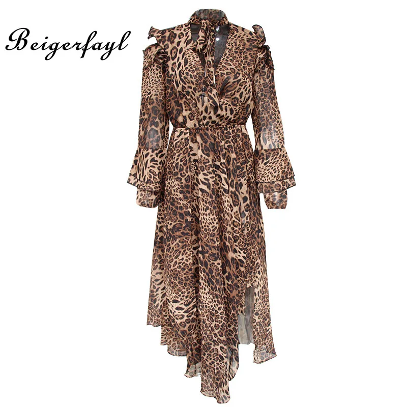 Beigerfayl Leopard Print Chiffon Gepard Dress 2019 Autumn New Fashion Design V Neck Long Sleeve Cheetah Dresses TDR17138 Женская