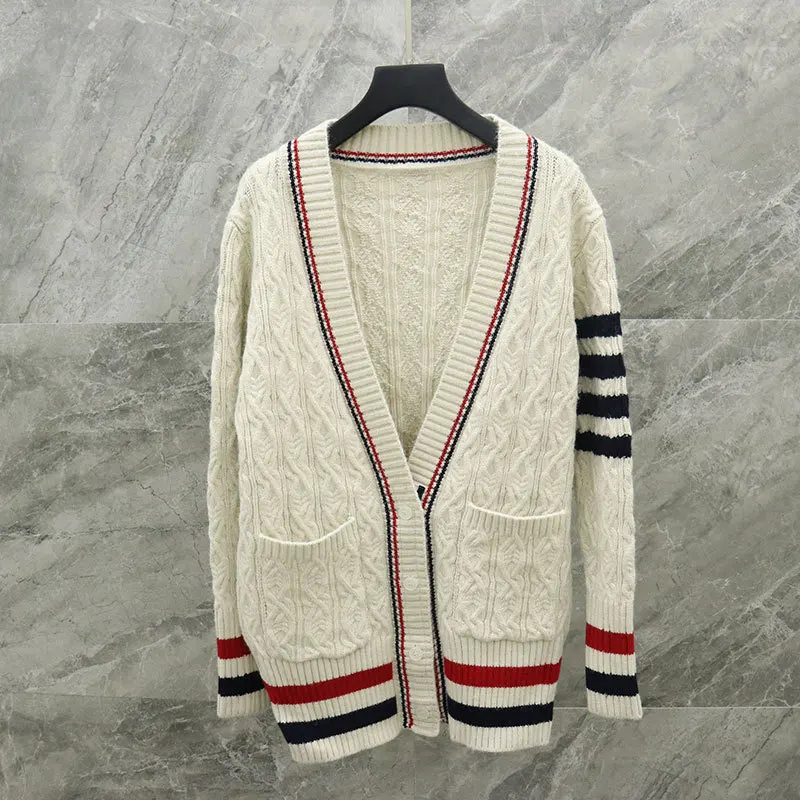 

fashion 2021 TB brand sweater women patchwork striped v-neck wool cardigan Contrast loose sweater coat lady