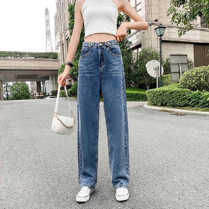 

TongSiHai Jeans Women High Waist Straight Wide Leg Denim Pants Dark Blue Loose Streetwear Vaqueros Mujer