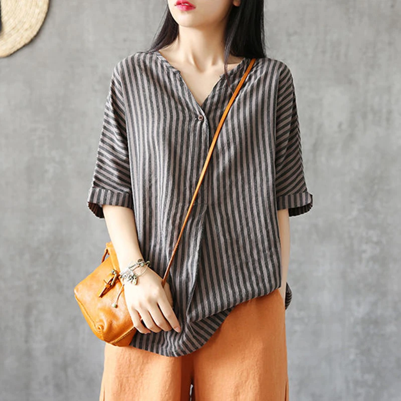 100% Cotton Shirt Women Summer Loose Casual Tops New 2020 Mori Girl Style Vintage V-neck Striped Woman Blouses Shirts P781