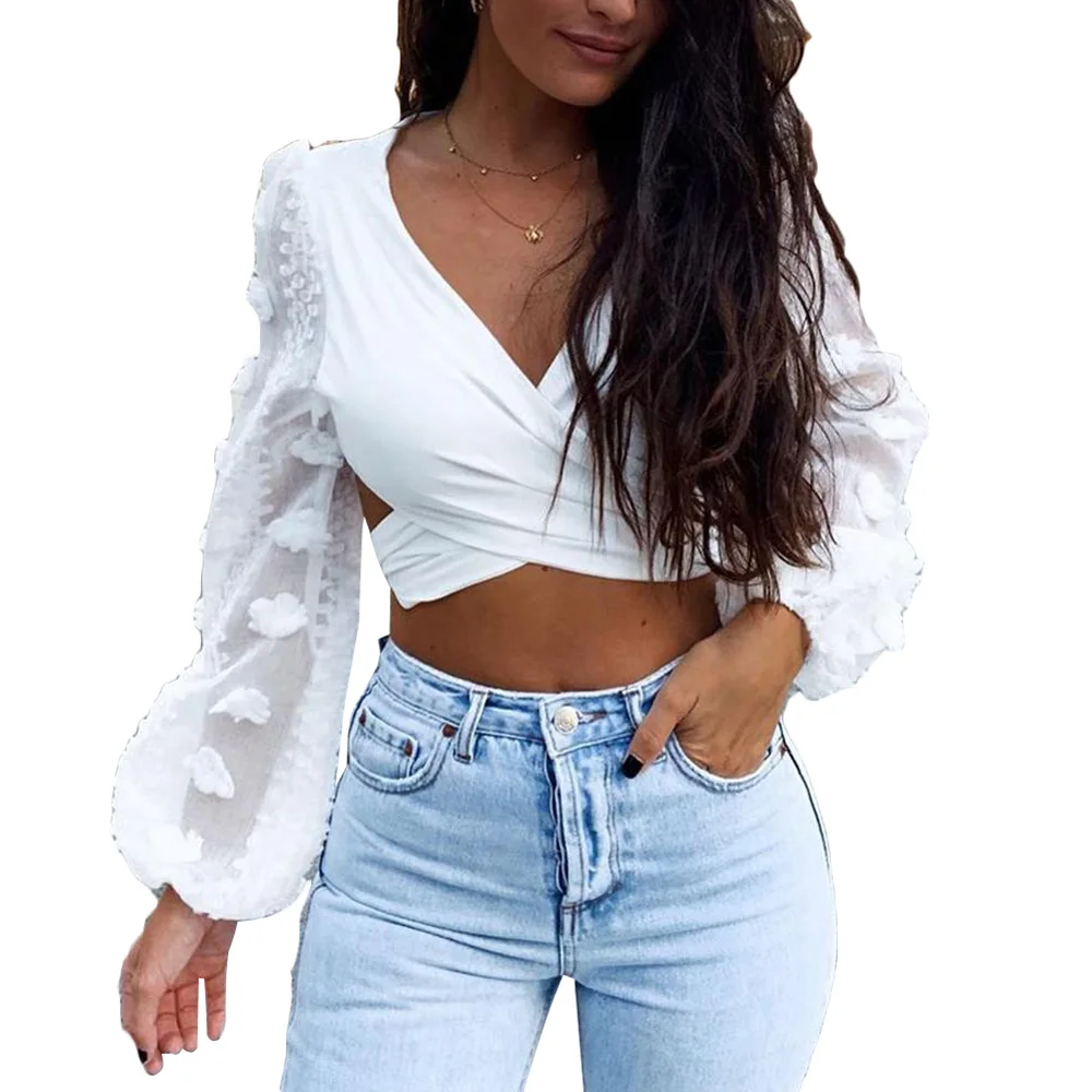 

Spring Women Lace Puff Sleeve Cross Bandage Crop Top Blouse Deep V-Neck Sexy Ladies Shirts Solid Black White Blouses Tops