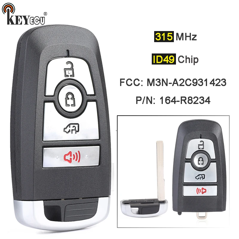 

KEYECU 315MHz ID49 P/N: 164-R8234 FCC ID: M3N-A2C931423 Smart 3+1 4 Button Remote Key Fob for Ford Transit Connect 2019 2020