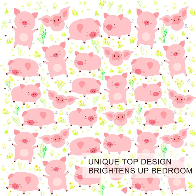 BlessLiving Cheerful Pigs Bedding Set Pink Animal Bed Cover Cartoon Comforter Cover for Kids Funny Piglet Bedspread Leaf Bed Set 3