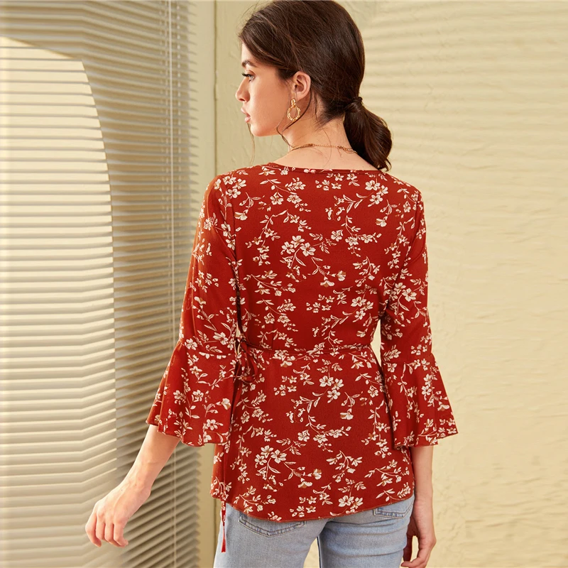 SHEIN V шеи Ditsy цветочный принт Узелок Бохо Вязаная блуза с запахом женские топы осенний праздничный рукав-Волан дамские облегающие блузки
