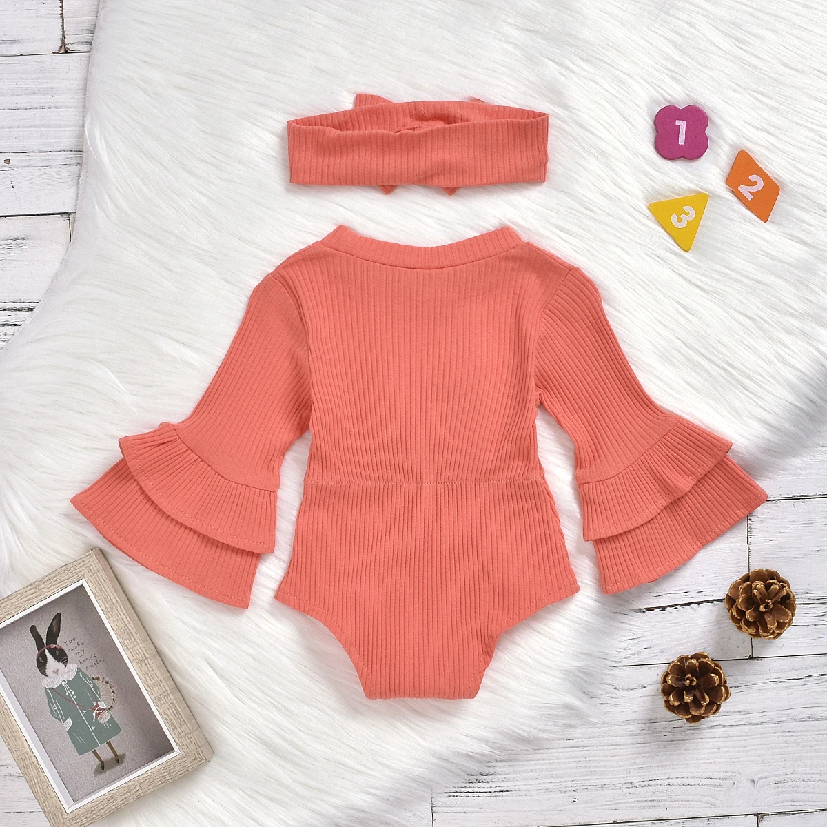 

Newborn Baby Girl Bodysuits Winter Knitted Clothes Set Ruffles Flare Sleeve Solid Jumpsuits Headband Outfits 2PCS 0-24M