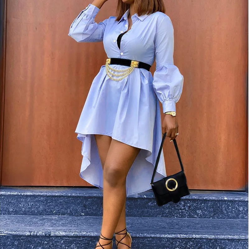 2019 однотонное синее хлопковое приталенное женское платье с поясом элегантное