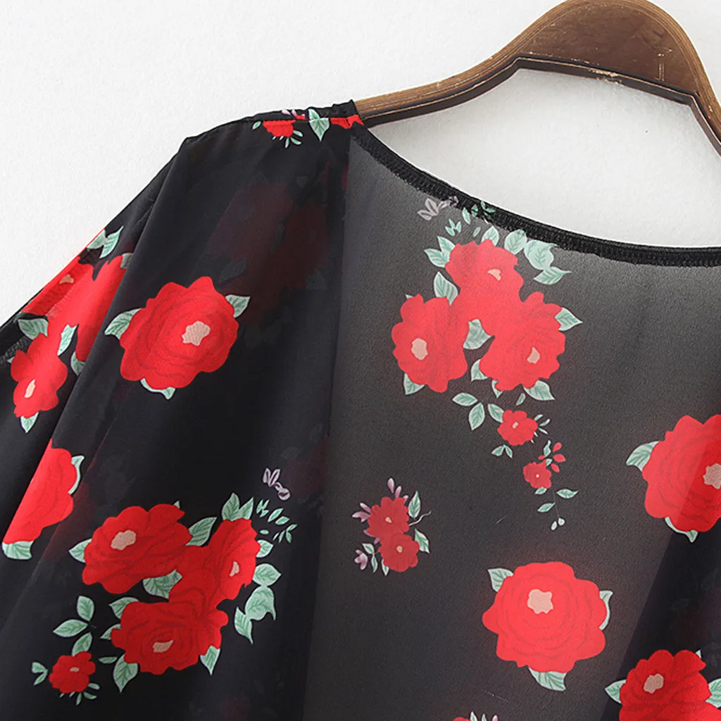 Женское шифоновое кимоно с цветочным принтом пляжный кардиган прозрачная