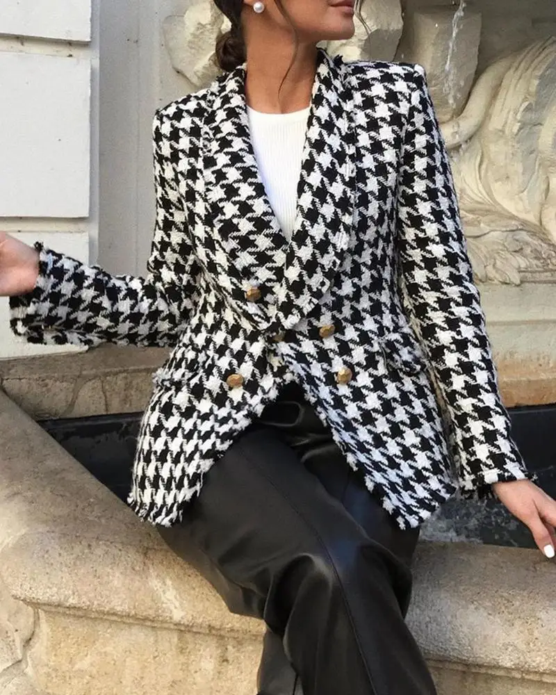 

Shawl Collar Button Houndstooth Jacket Women Winter Autumn Coat