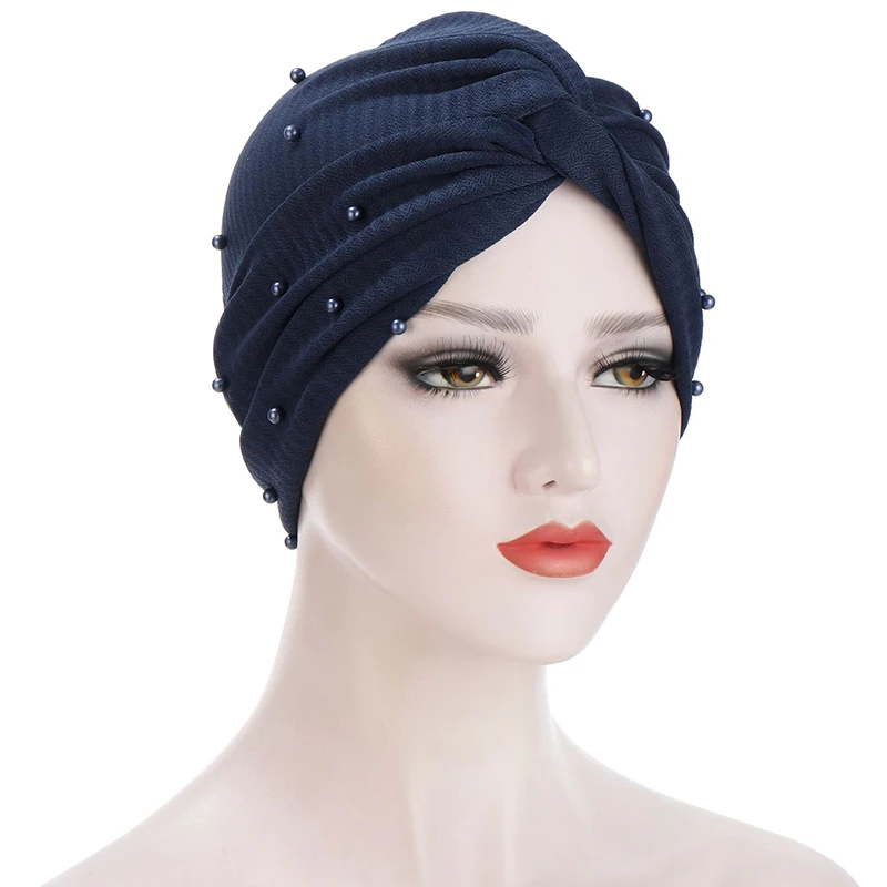 

Muslim Women Beading Elastic Turban Hat Solid Color Cotton Twist Chemo Cap Cancer Cap Head Wrap Beanie Hijab Caps Headwear