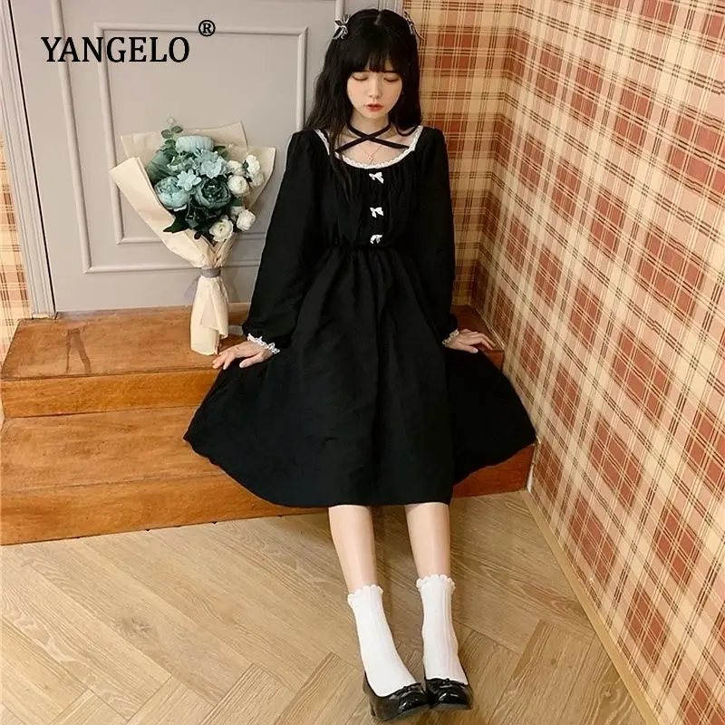 

Harajuku Retro Square Collar Lace Girl's Black Dress Cute Bowknot Long Sleeve A-line Princess Lolita Dresses Preppy Style