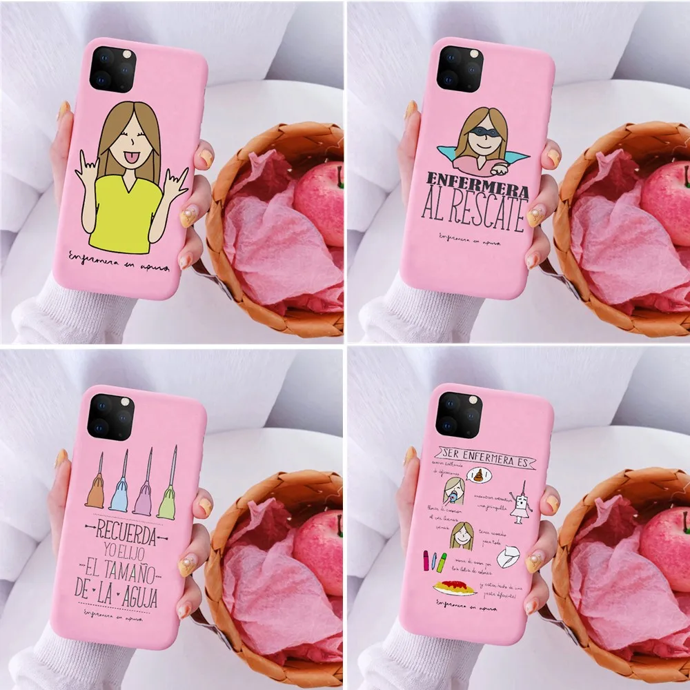 

Fashion Spain Cartoon Medicine Doctor Nurse candy pink silicone Phone Case For iPhone XS 11 Pro MAX 6s 7 8Plus X XR 12pro 12mini