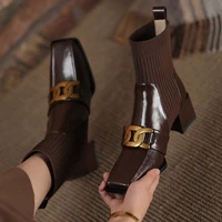 fashion cow leather sock boots woman fashion comfort square toe chunky heel ankle boots lady daily retro short boots black