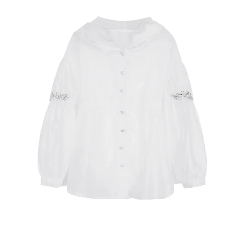 

XITAO White Thin Jacket Fashion New Women Ruffle Heavy Industry Hot Drilling Lace Stitching 2021 Summer Loose Coat WMD0592