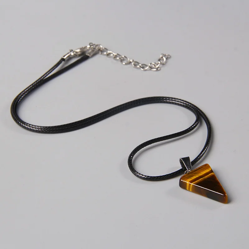 

Reiki Triangle Stone Beads Pendant Necklace Men Black Leather Rope Chain Choker Natural Howlite Gray Aagt Charm Necklace Vintage