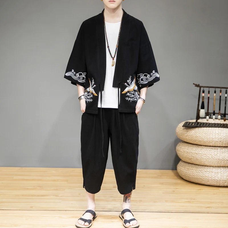 Улучшенный мужской летний льняной костюм Hanfu мужская китайская одежда с вышивкой