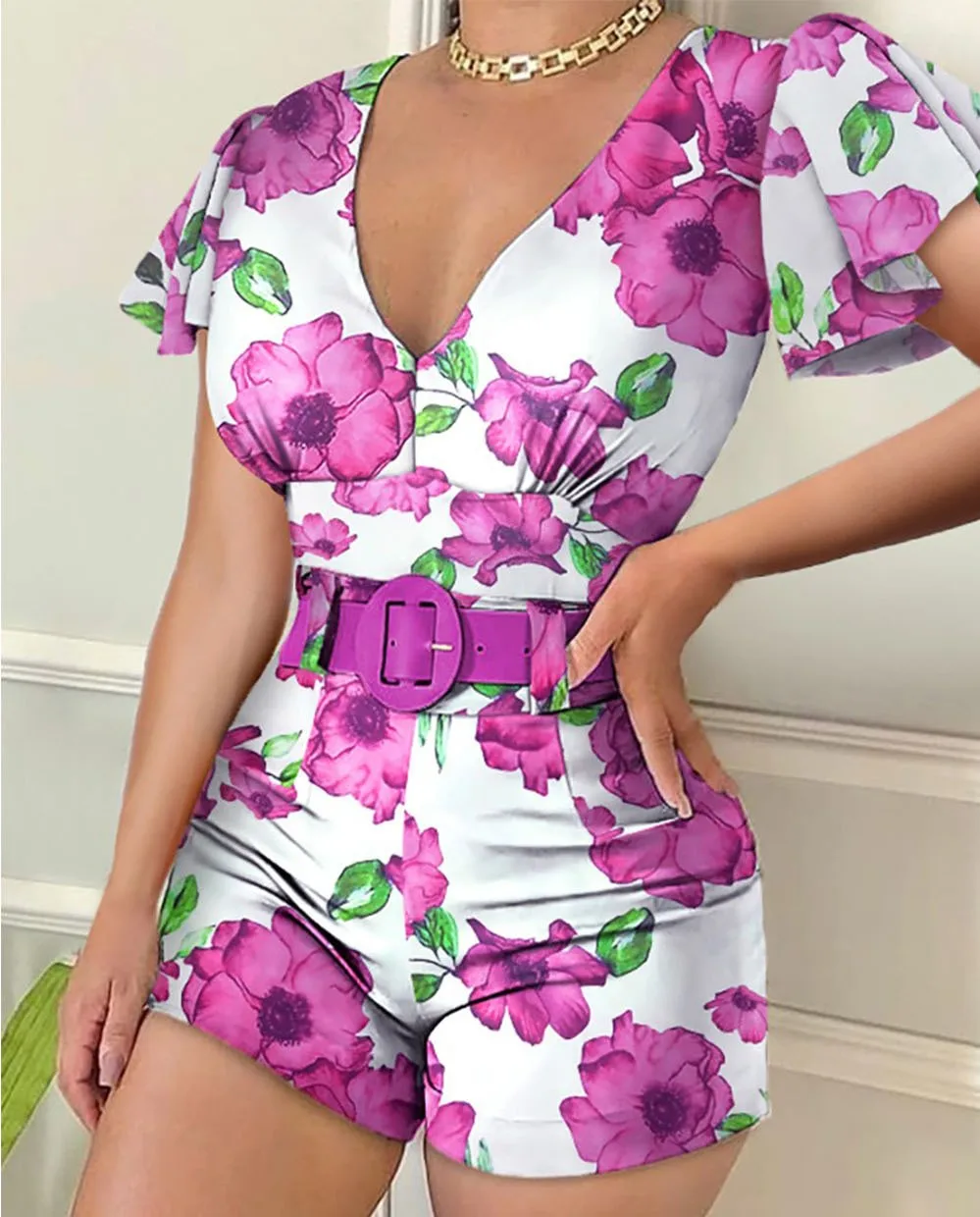

Summer Sexy Women's Printed Overalls, Fashionable Street Clothes, V-Neck, Short Sleeves, Middle Waist, Tight (without belt)