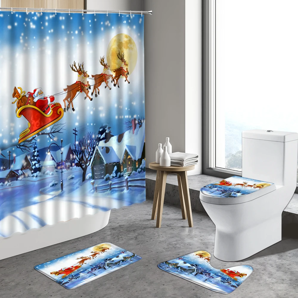 

Merry Christmas Shower Curtain Set With Bath Mat Santa Elk Wooden House Winter Bathroom Decor Anti-slip Rugs Toilet Cover Carpet