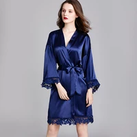 wine red bride robe silk lace long sleevs navy blue kimono women summer peignoir femme bridesmaid gift robe de chambre feminino