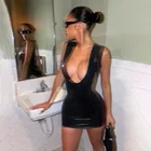 Новинка, женское сексуальное облегающее платье без рукавов, с глубоким V-образным вырезом, из искусственной кожи, однотонное облегающее мини-платье черного цвета, повседневное женское платье S M L