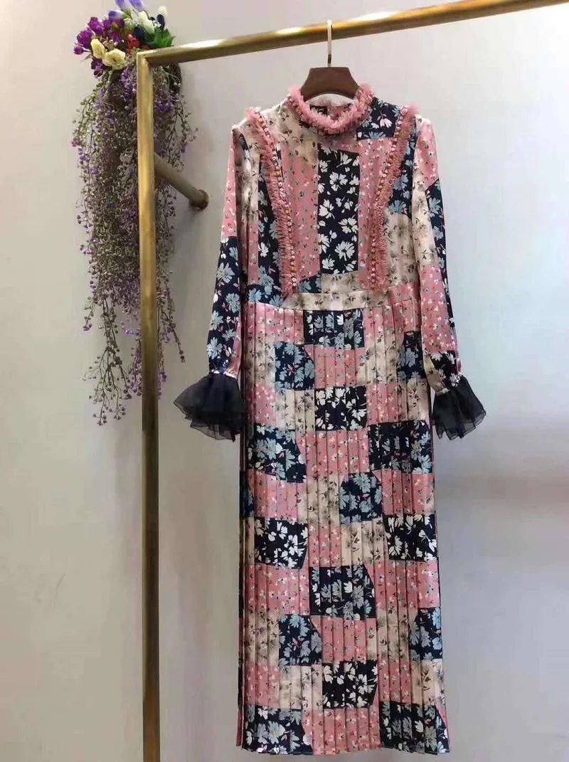 

Top Quality New 2020 Spring Dress Women Ruffled Collar Vintage Flower Print Flare Sleeve Mid-Calf Length Pink Pleated Dress
