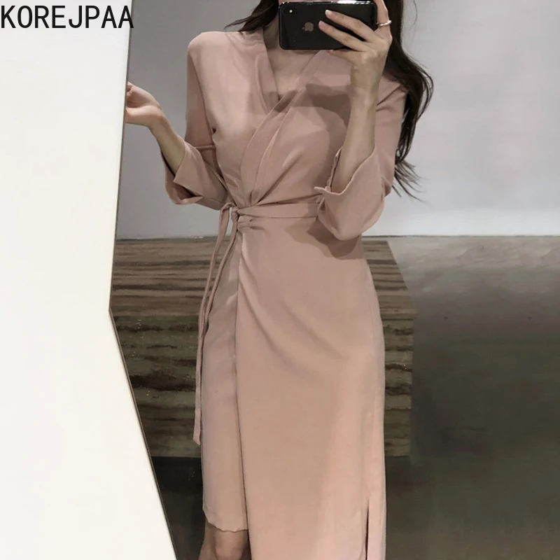 

Korejpaa Women Dress 2021 Autumn French Elegant Temperament V-Neck Cross Tie Waist Stitching Irregular Long-Sleeved Vestidos