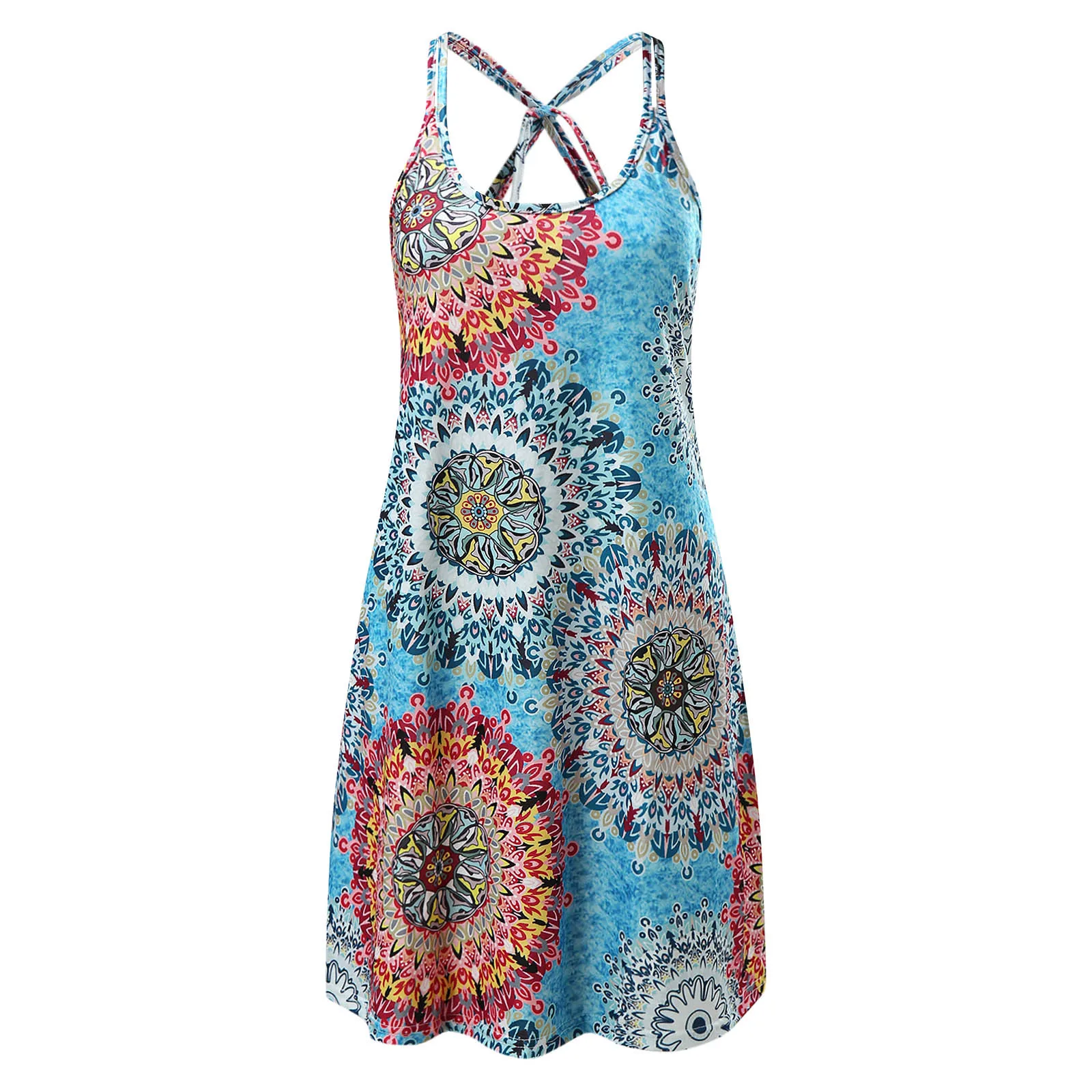 

Women's Summer Round Neck Print Casual Loose Sexy Suspender Above Knee Dress Female Bohemia irregular Beach Dress