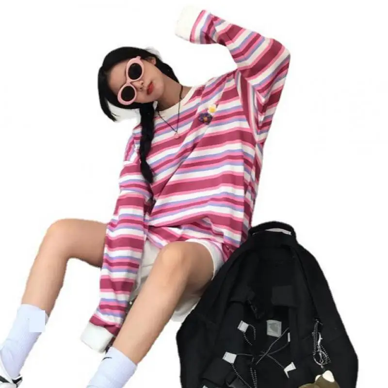 Женские розовые в полоску Футболки с длинными рукавами для девочек хлопковые