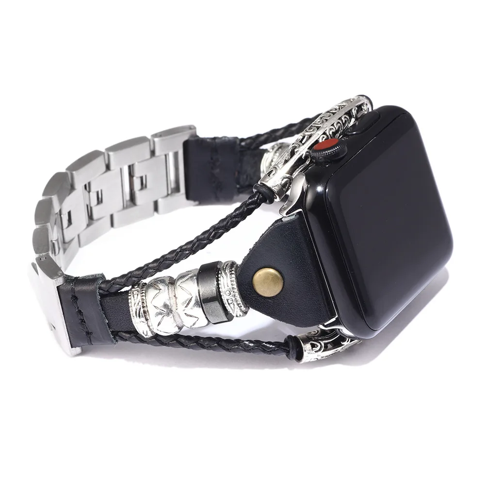 Плетеный кожаный браслет для apple watch 42 мм 44 модный из нержавеющей стали ремешок