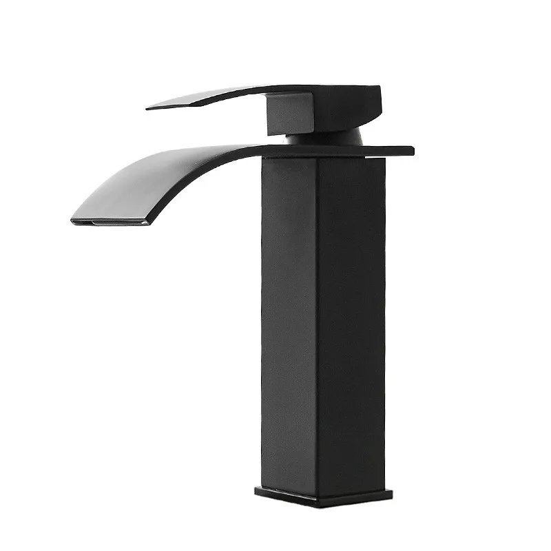 

Bathroom Basin Faucets Solid Brass Black Waterfall Sink Mixer Taps Hot & Cold Single Handle Deck Mounted Lavatory Water Crane