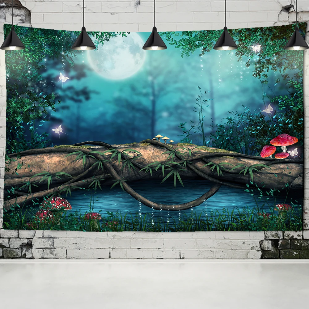 

Forest mushroom tapestry wall hanging dormitory background decorative cloth animation dream forest tapestry Bohemian home decora