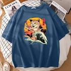 Футболка женская в японском стиле укиё-э, модная Повседневная дышащая рубашка с волнистым котом в стиле ретро