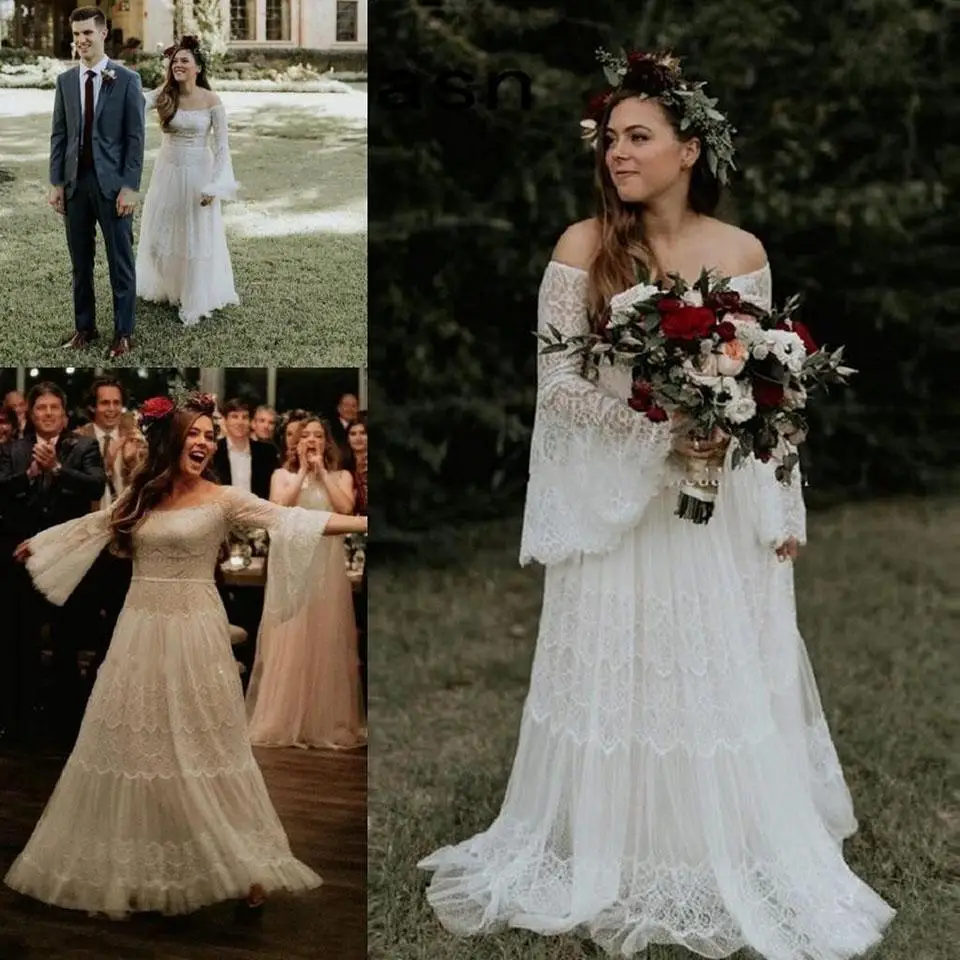 Кружевные богемные Свадебные платья а силуэта свадебные с открытыми плечами и
