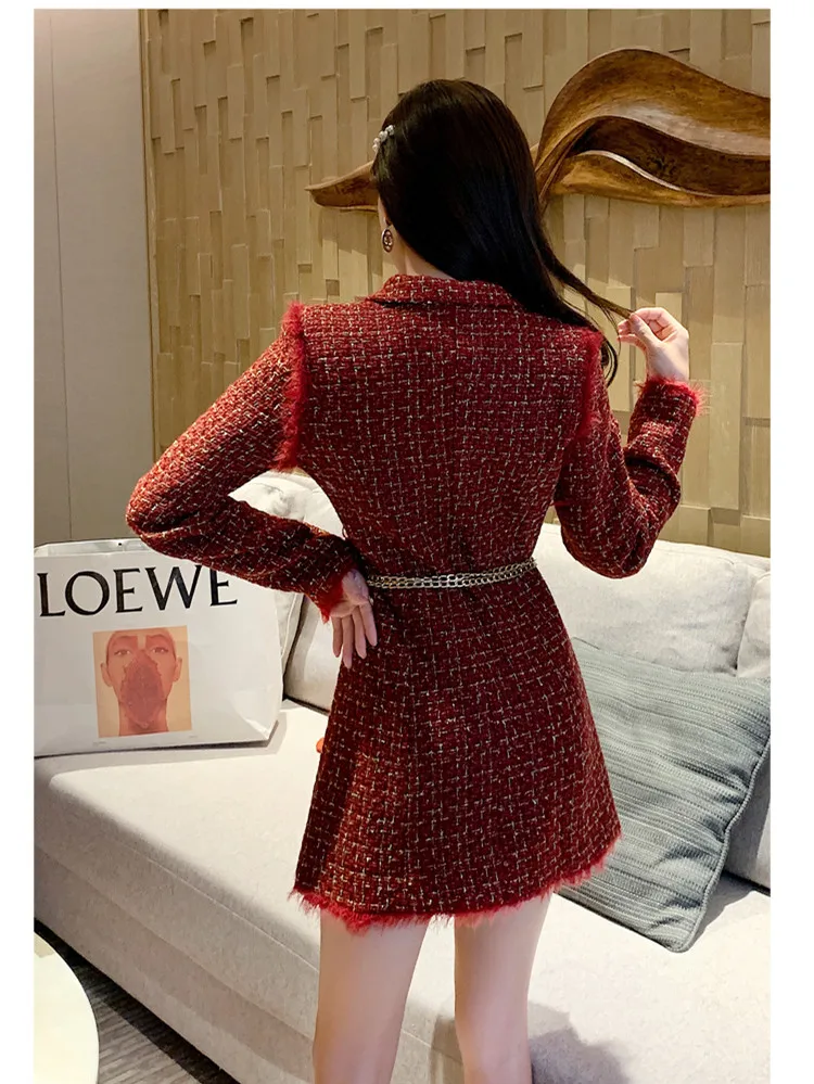 Женский твидовый блейзер в красную клетку золотистый двубортный пиджак плотный