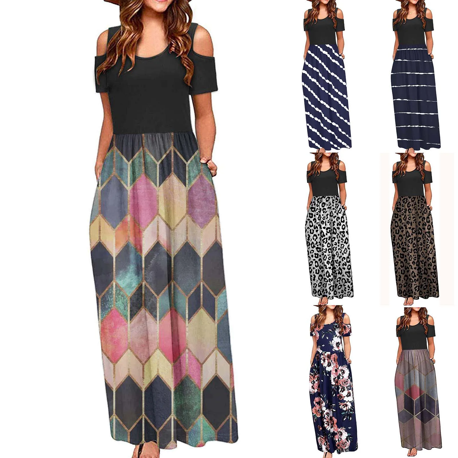 

Summer Dress Women Dresses Vestido De Mujer Casual Long Dress with Striped Floral Print Short Sleeve Maxi Dress Robes плае