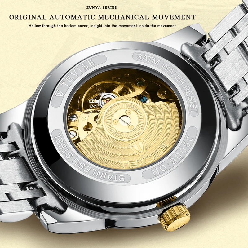 

Tevise Top Luxury Brand Men's Automatic Watch Fashion Stainless Steel Tourbillon Mechanical Watch Moon Phase Waterproof Clock