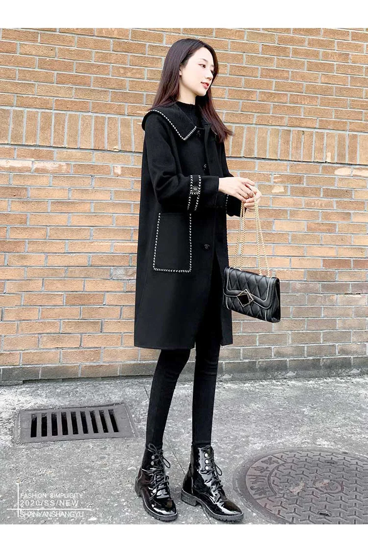 

2020 New Fashion Women's Winter Black Wool Coat Outerwear Ladies Korean Cashmere Female Loose Warm Clothes Windbreaker Jackets