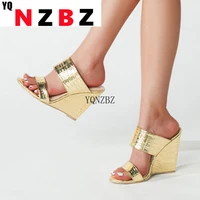 yqnzbz sxey golden snake print pu leather women slippers summer open toe ladies sandals fashion wedge heels party shoes