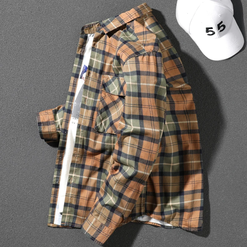 Handsome Plaid Shirt Men's Thin Long Sleeves Outerwear Korean Style Trendy Double Pocket Cotton Baggy Coat Casual All-Matching