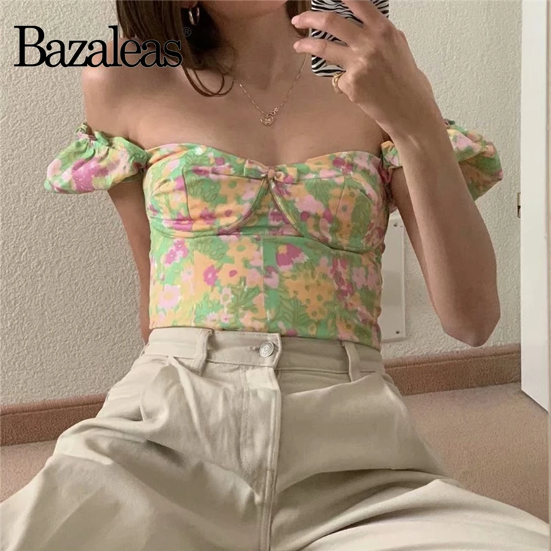 Bazaleas Colorful Floral Print Green Yellow Women blouse Vintage Slim Center Bow TopsParty blusas mujer de moda 2020 | Женская одежда
