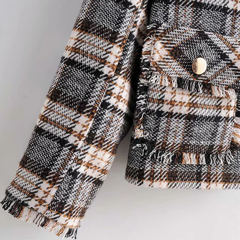 Куртка женская твидовая клетчатая короткая модный винтажный кардиган в клетку с