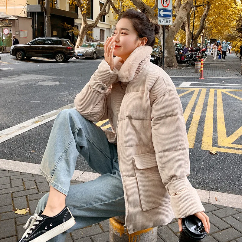 2021 New Women Fur Collar Corduroy Jacket Autumn Winter Female Plaid Short Parkas Ladies Outwear Fashion Warm Thick Padded Coat
