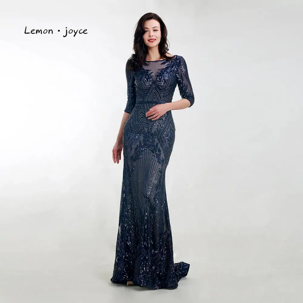 Lemon joyce Формальные Вечерние платья Длинные o-образным вырезом Иллюзия Русалка расшитые блестками вечерние платья размера плюс robe de soiree