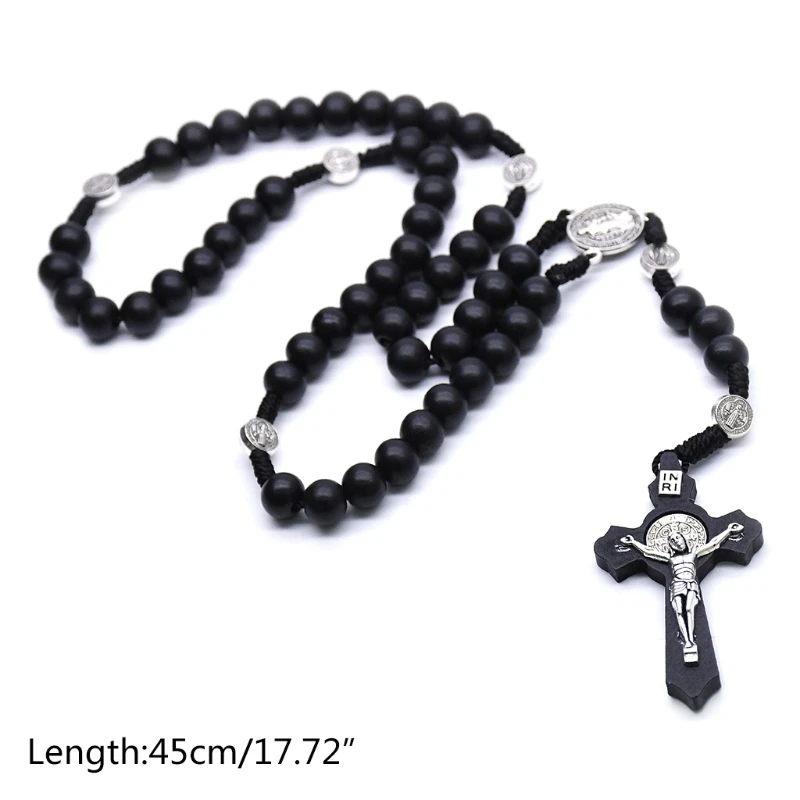 

203F Black Wooden Christ Jesus Cross Religious Necklace Catholic Rosary Necklace Church Souvenirs Prayer Pendant Necklace